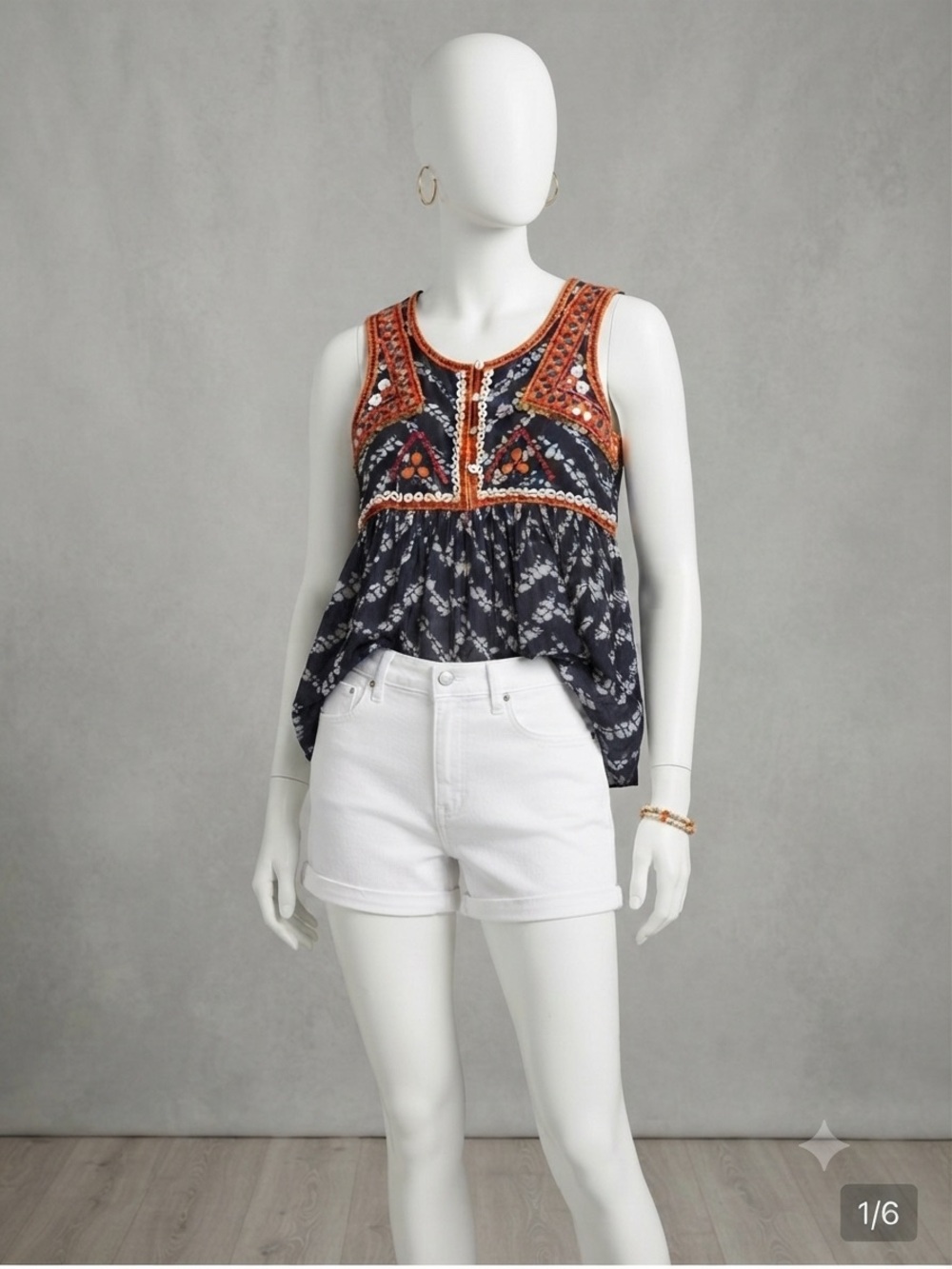 Indigo Moon Navy Floral Tank Top with Orange Embroidered Trim
